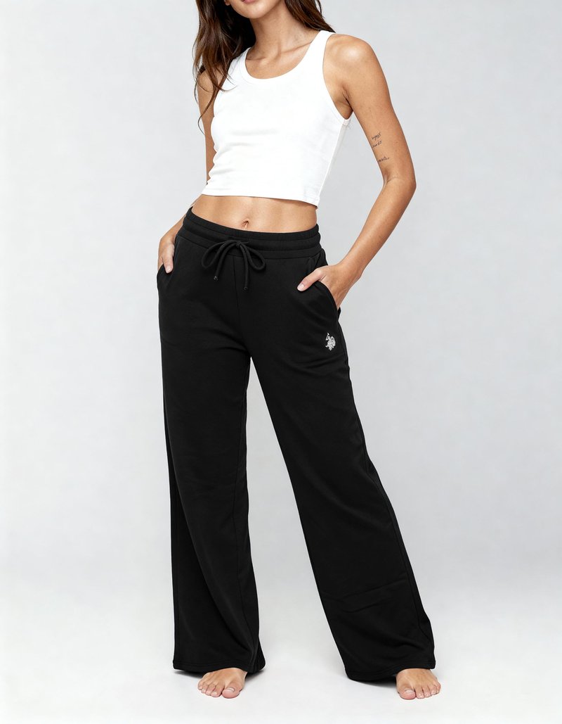 U.S. POLO ASSN. Wide Leg Sweatpants for Women Soft Fleece-Backed Jersey Knit, Baggy Sweatpants Open Leg (Black, Medium)