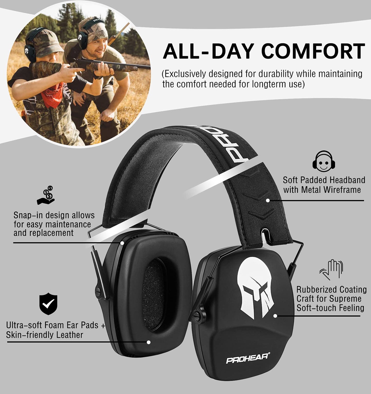 PROHEAR 016 Ear Protection Safety Earmuffs for Shooting, NRR 26dB Noise Reduction Slim Passive Hearing Protector with Low-Profile Earcups, Compact Foldable Headset for Gun Range, Hunting (Sparta)