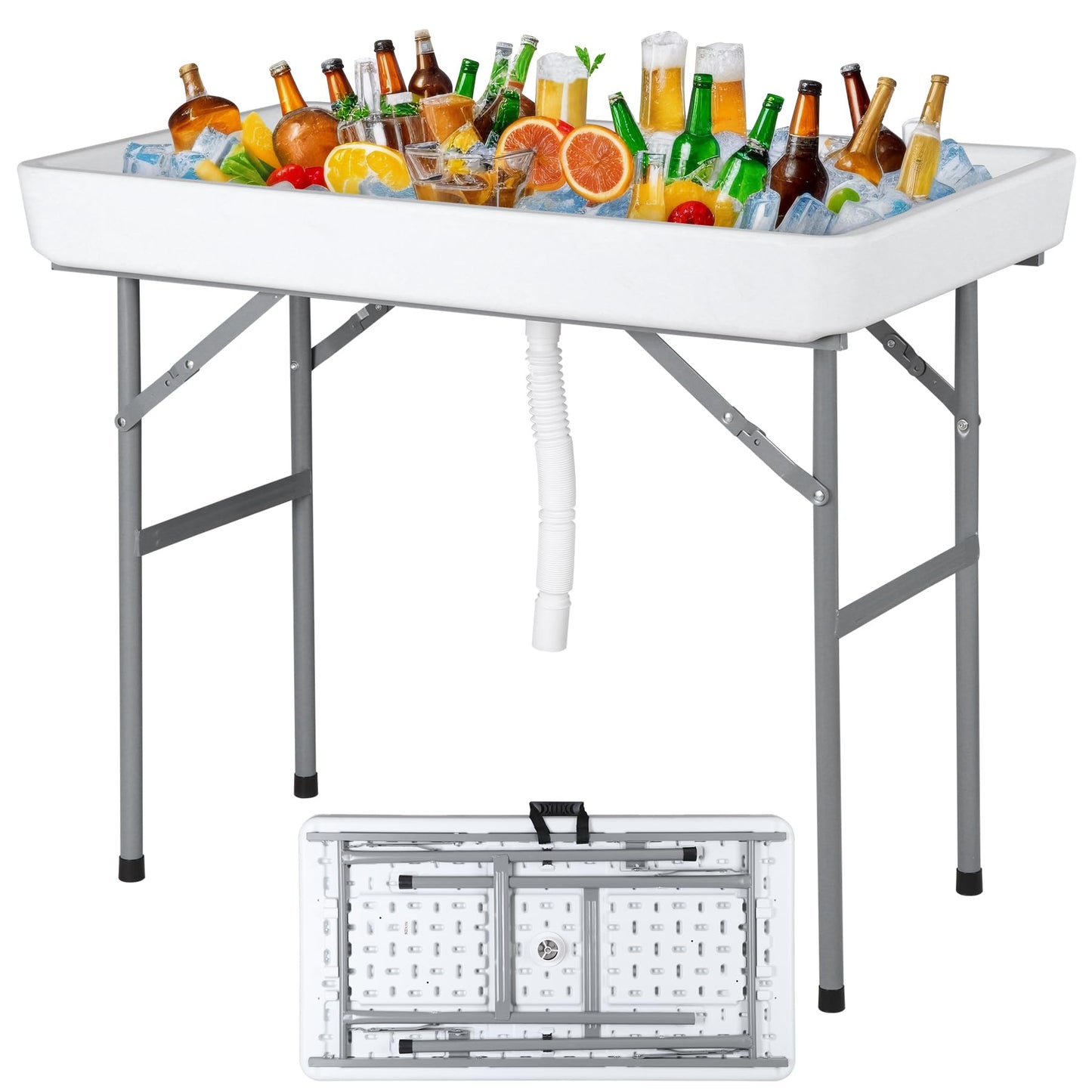 HomGarden Ice Cooler Folding Table with Removable Matching Skirt & Drain Hose, Ice Table for Food Beverage Cooling Indoor Outdoor Wedding Party Camping BBQ