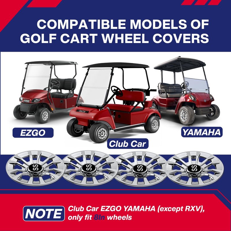 SUPGCPER Golf Cart SS Wheel Covers, Golf Cart Hub Caps for Club Car EZGO Yamaha and Most Golf Carts, 6-Spoke Design, 8 Inch Golf Cart Wheel Hubcaps (Set of 4), Snap-on Installation, Not Fit EZGO RXV