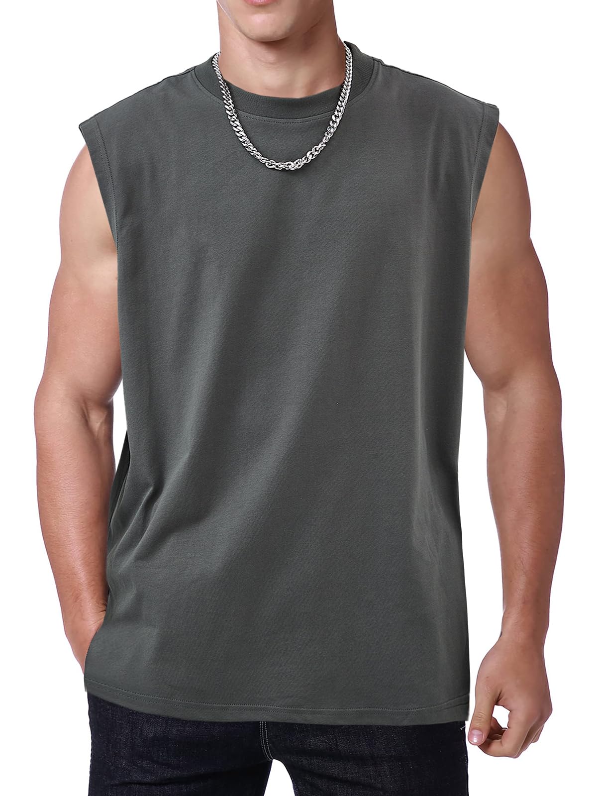 Mens Workout Tank Tops Sleeveless Tee Shirts Men Muscle Shirt Gym Cotton T Shirts Running Beach Loose Fit Tee（XZG,GY,M A-Grey
