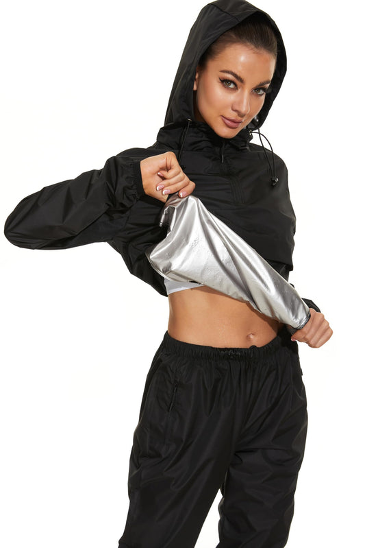 YYQ Sauna Suit for Women Weight Loss Sauna Jackets Sweat Pants Gym Boxing Workout Tops Hoodies Sweat Suit for Women Plus Size (Black Jacket and Pants, Small)