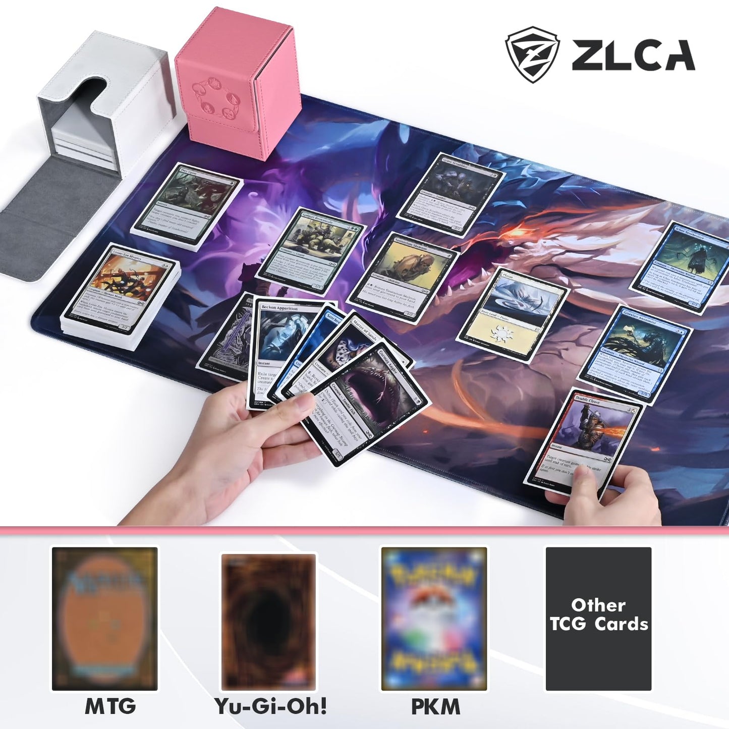 ZLCA Card Deck Box for Trading Cards with 2 Dividers, Card Storage Box Fits 100+ Single Sleeved Cards, PU Leather Strong Magnet Card Deck Case Holder for Magic Commander TCG CCG (Pink)