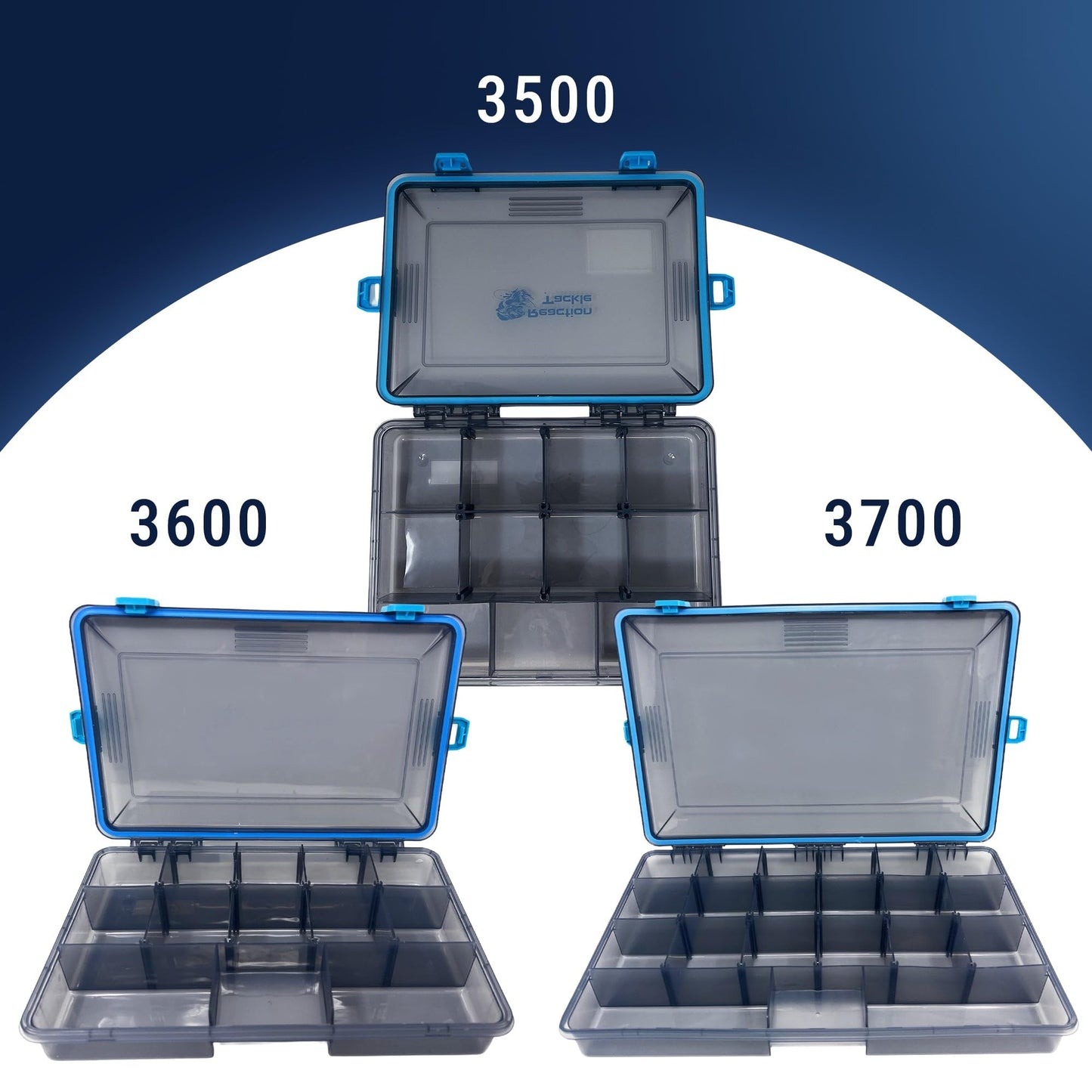Reaction Tackle Standard Tackle Trays, Plastic Tackle Box Organizers with Four Secure Latches, Removable Dividers and Semi Transparent Lid for Fishing Storage - 3600 (4-Pack)