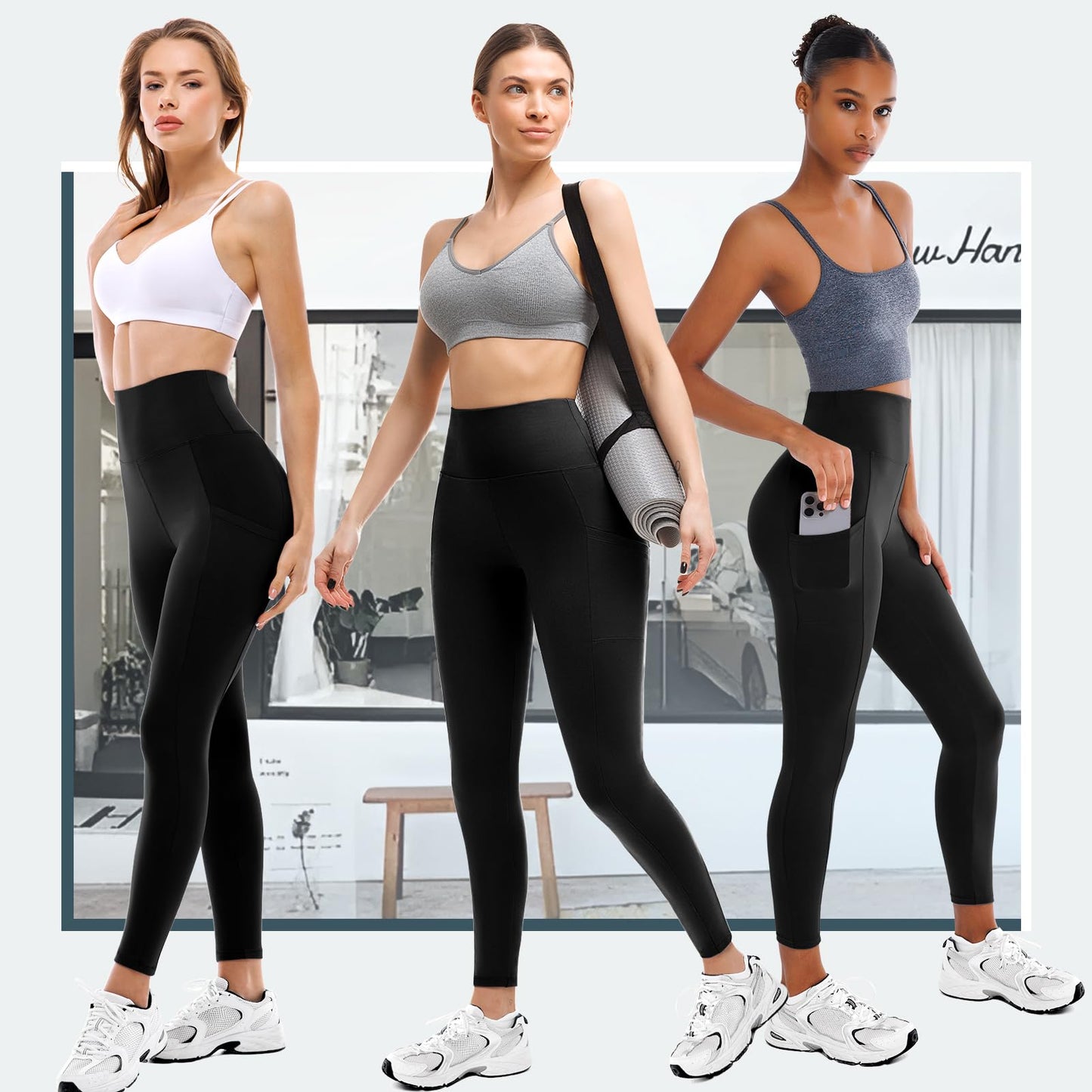 Walifrey Leggings with Pockets for Women 2 Packs,Women's High Waisted Yoga Leggings Gym for Workout Black LXL
