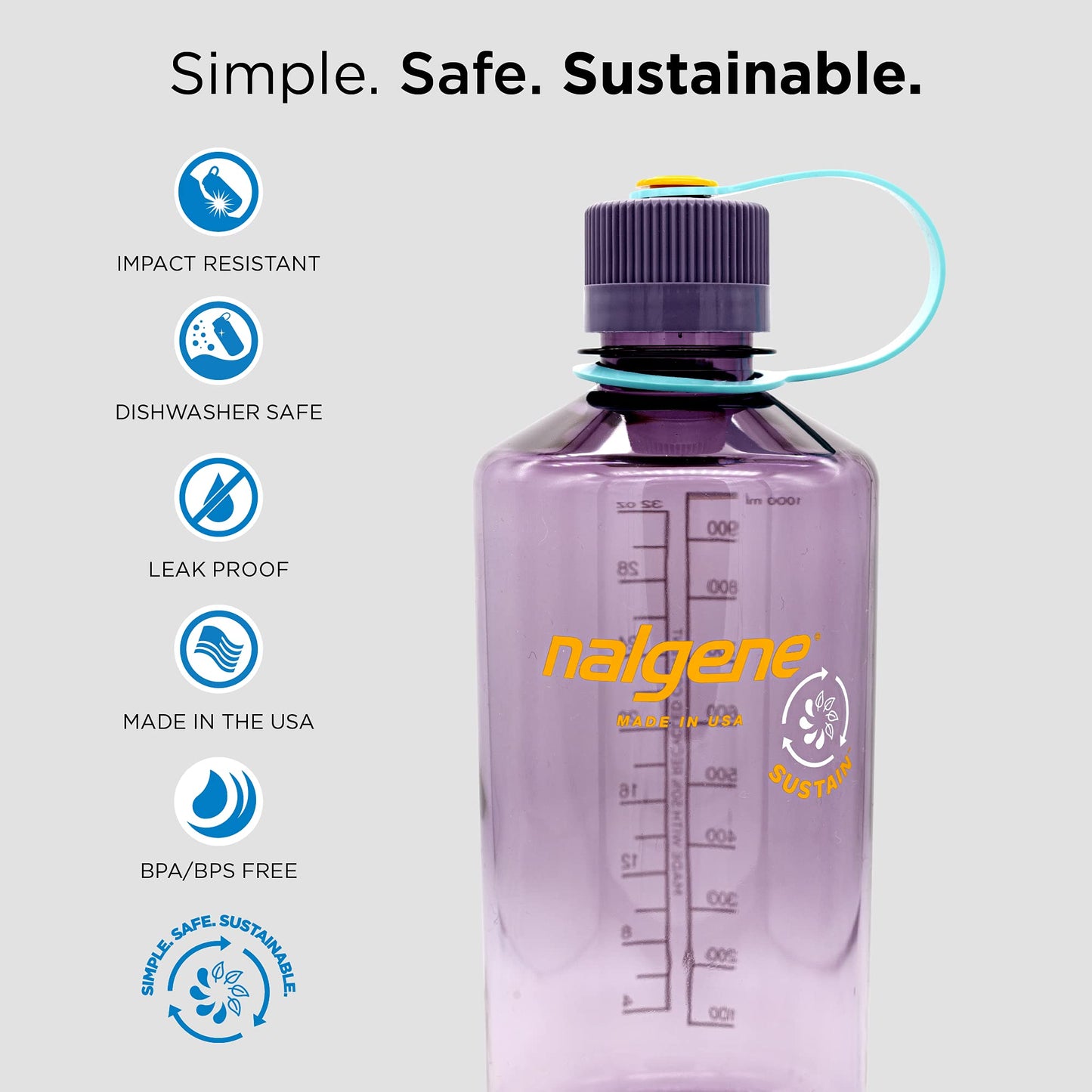 Nalgene Sustain Tritan BPA-Free Water Bottle Made with Material Derived from 50% Plastic Waste, 32 OZ, Narrow Mouth