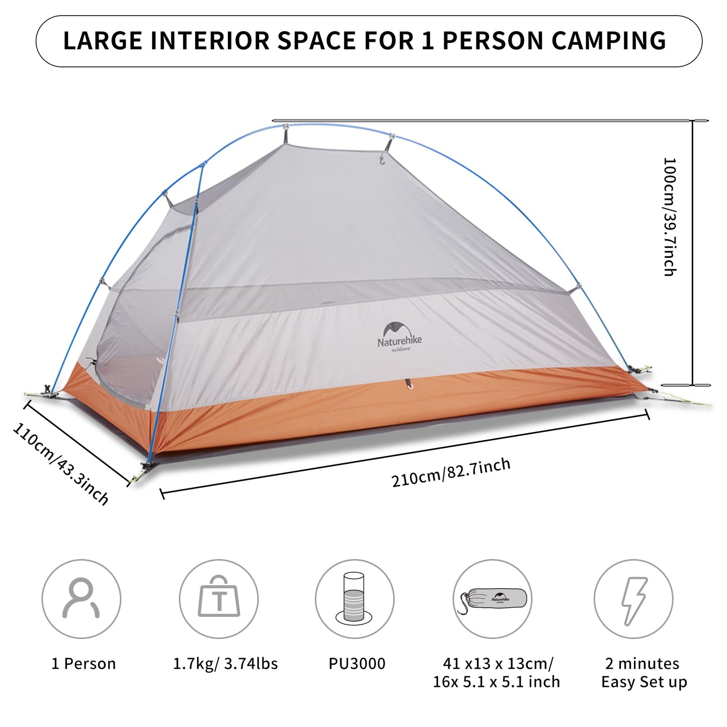 Naturehike Cloud-Up 1 Person Tent Lightweight Backpacking Tent for One Man, Waterproof Ultralight Single Person Tent, Double Layer One Person Tent for Camping Hiking Backpacking (210T Orange)