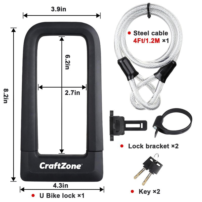 Craftzone Bike Lock Heavy Duty Anti Theft with 4ft Security Cable Bicycle U Lock with Keys and Sturdy Mounting Bracket for Road, Mountain, and Electric Bikes,Bicycle Lock