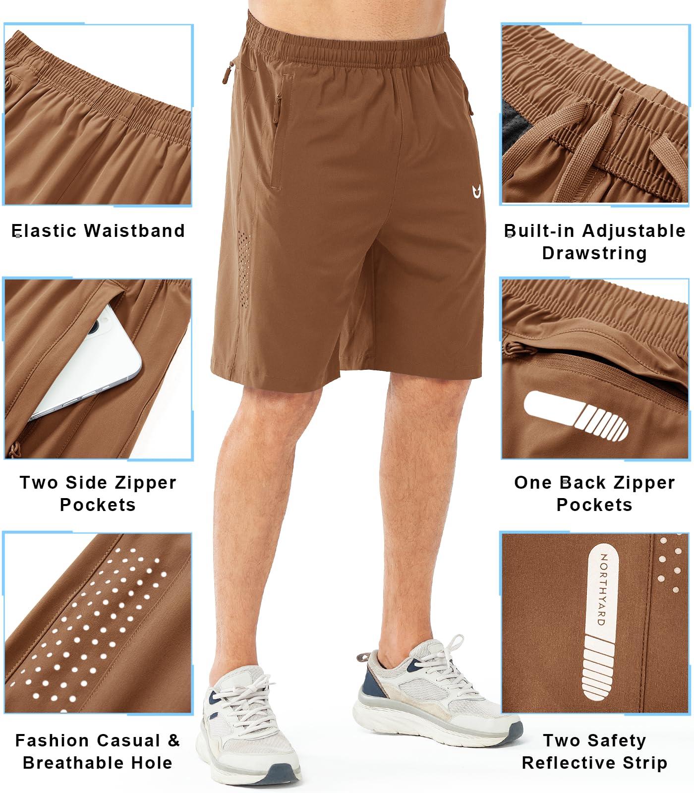 NORTHYARD Men's Athletic Running Shorts Gym Workout 7"/9"/5" Quick Dry Lightweight Sports Basketball Tennis 3 Zipper Pockets BROWN-9inch XL