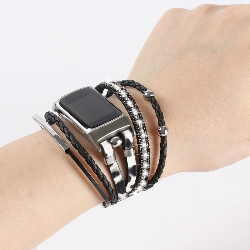 Leather Bands Compatible with Fitbit Charge 6/Charge 5 Bands for Women, Boho Handmade Multilayer Wrap Bracelets Jewelry Strap Replacement for Charge 6/Charge 5 Fitness Tracker (Black White)