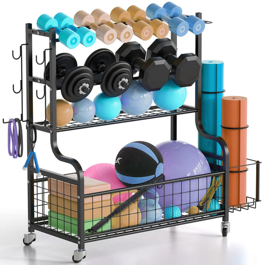 Home Gym Storage for Dumbbells, 500 LB Heavy Duty Weight Rack for Dumbbells Kettlebells Yoga Mat, Balls and Resistance Band, Dumbbell Rack with 4 Lockable Wheels and Hooks