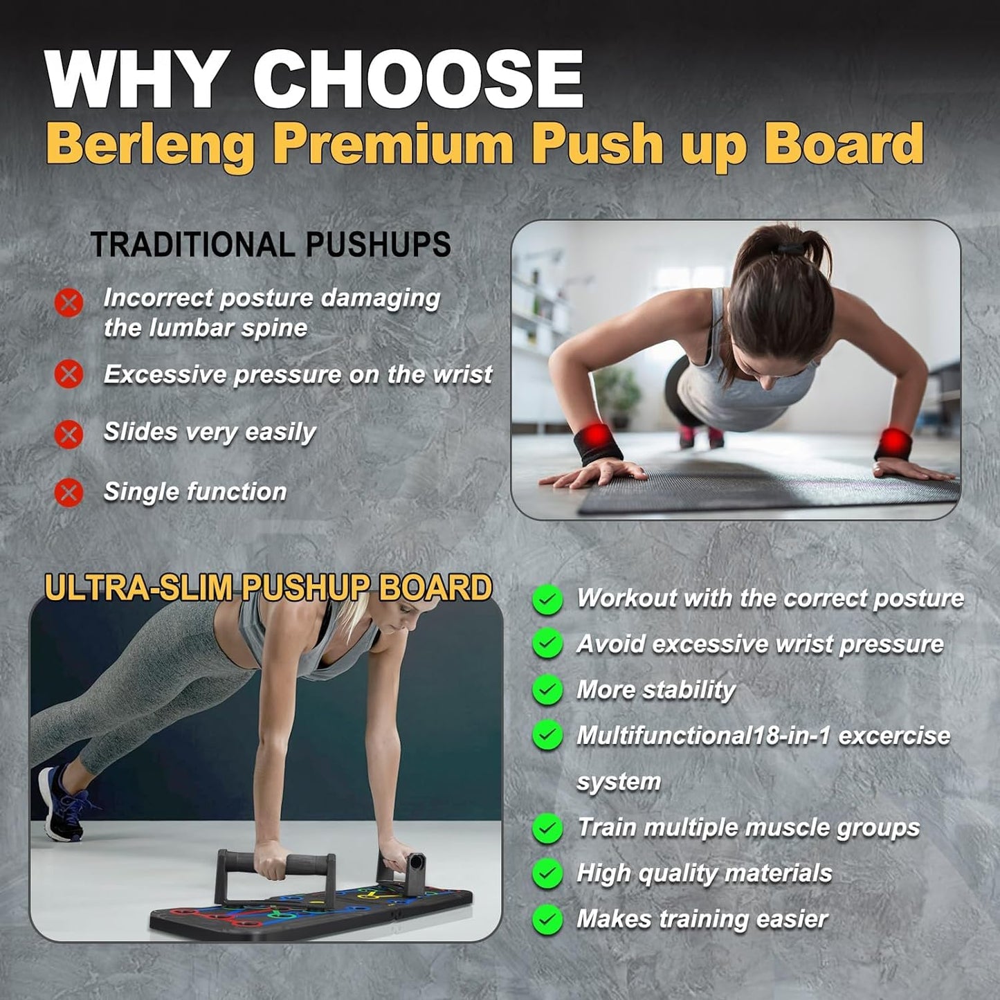 Berleng Push Up Board - 36-in-1 Foldable Pushup Fitness Stand for Portable Strength Training. Rugged, Stable Equipment for Home Gym Workout for Men & Women