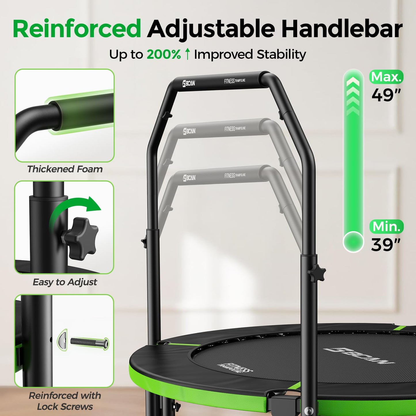 BCAN SP3 40"/48" Foldable Mini Trampoline, Rebounder Trampoline for Adults, U/T Adjustable Foam Handle, Exercise Rebounder for Adults Indoor/Garden Workout, Max Load 330lbs/440lbs-48U-Green