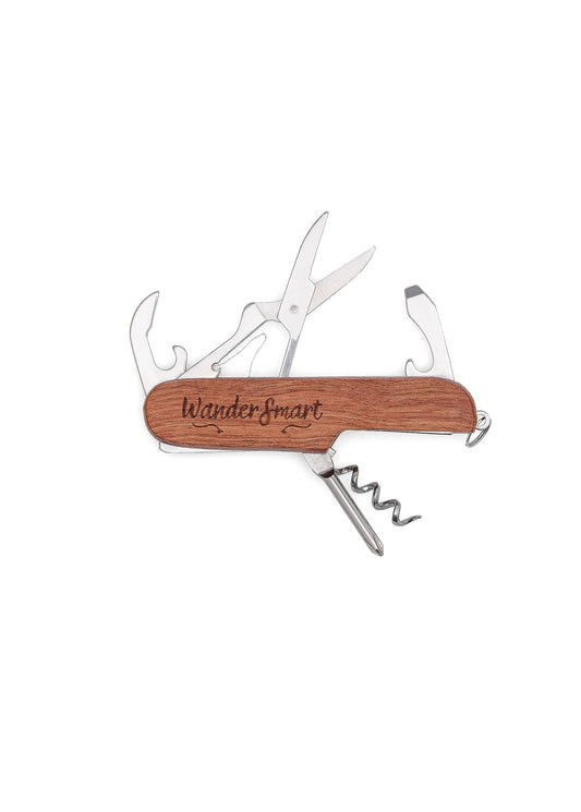 WanderSmart Pocket Traveler - 5 in 1 Bladeless Multitool Screw Driver Scissors Cork Screw Can Opener Bottle Opener (brown)