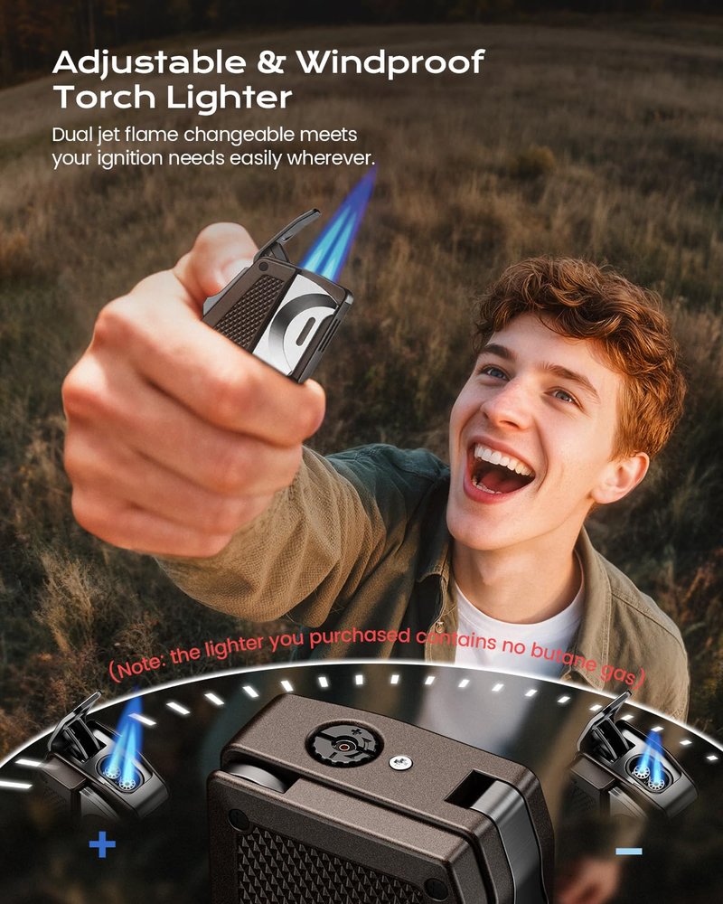 All-in-one Torch Lighter with Built-in Punch, Scissor-Shaped Cutter, Hidden Holder, and Adjustable 2 Jet Flame, Gifts for Men, Refillable Butane Lighter, Lighter with Multi-use Accessories for Travel