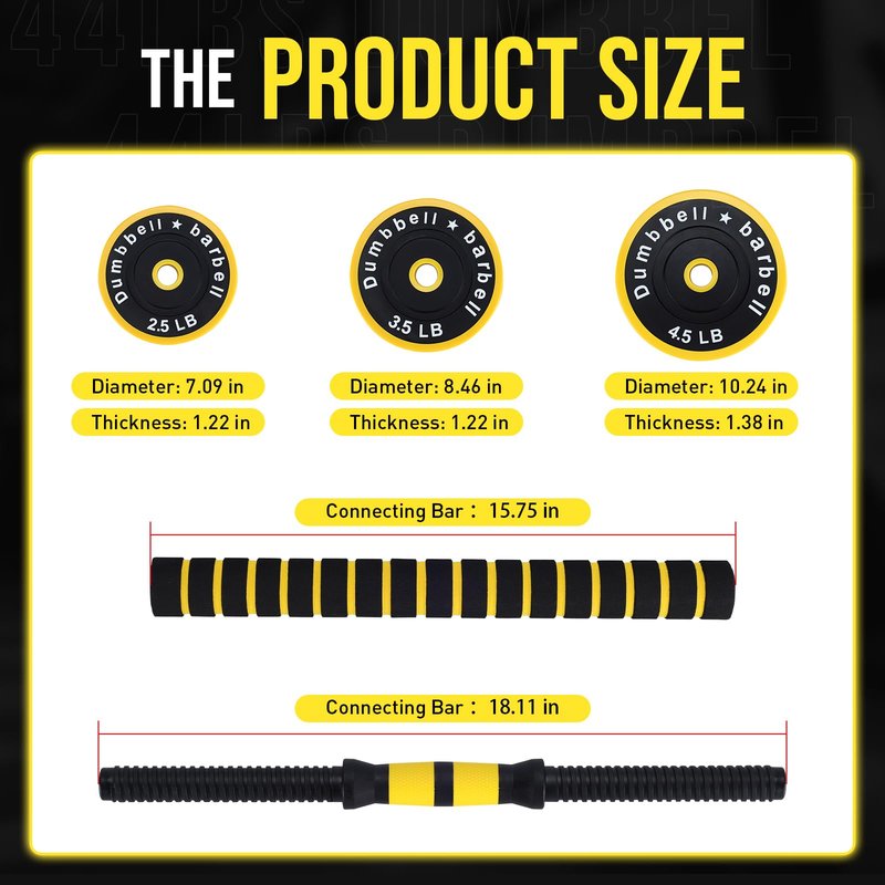 GarveeLife Adjustable Dumbbell Weight Set, Dumbbell Weights with Pe Coating and Comfortable Handle for Home Gym, 44 Lbs, Yellow