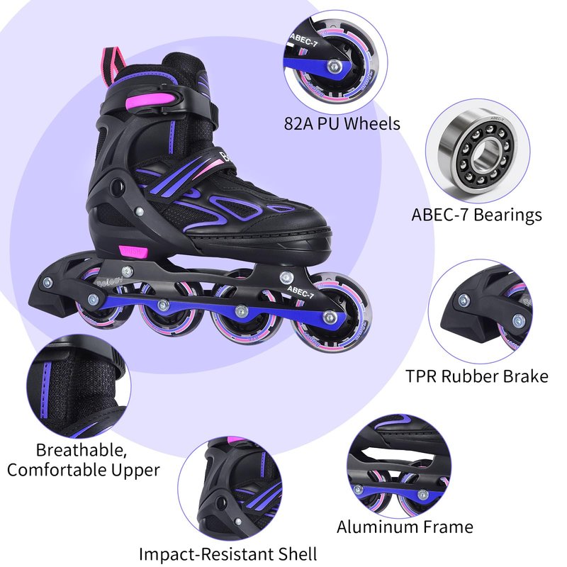 BELEEV Inline Skates with Light-Up Wheels & Shoelaces, 4-Size Adjustable Roller Blades for Kids, Boys & Girls Ages 5-8, 8-12, 6-12, Illuminating Skates for Youth & Women, Beginner Outdoor/Indoor Use