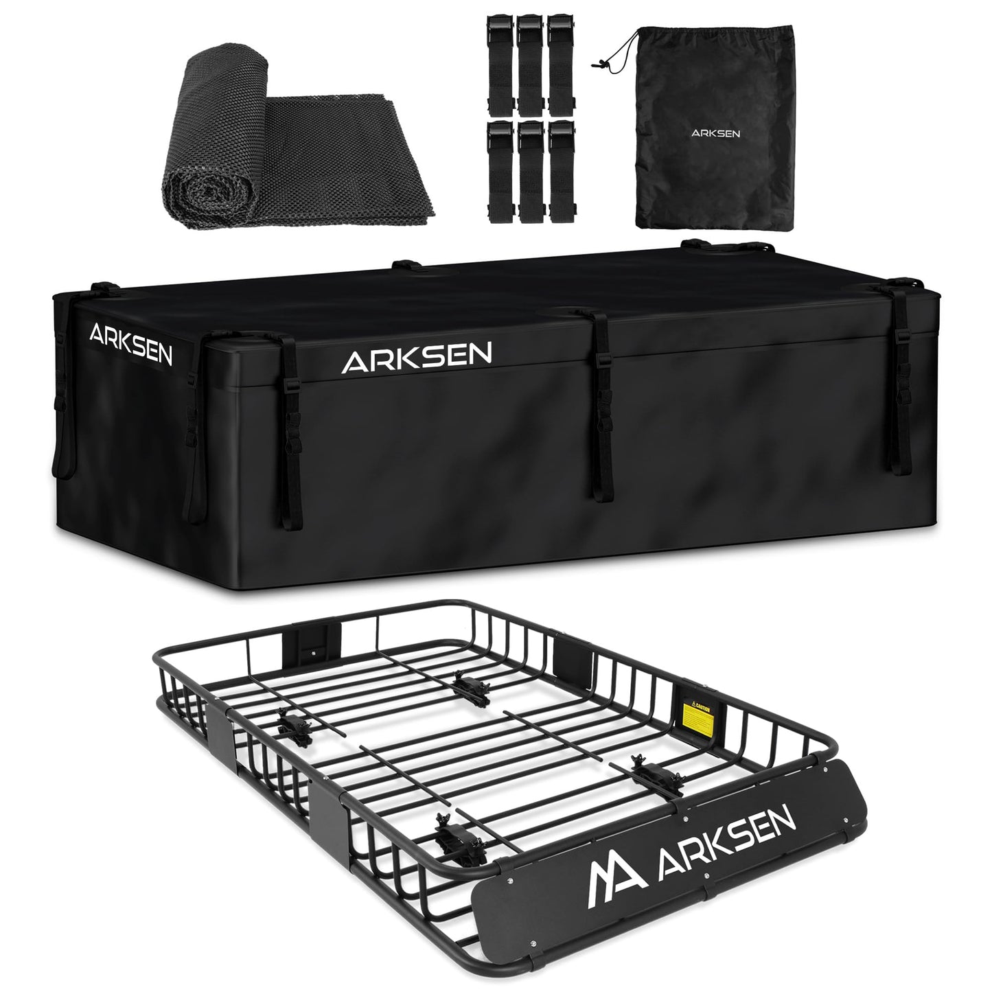 ARKSEN 64 x 39 x 6 Inch Universal 150LB Heavy Duty Roof Rack Cargo with 500D PVC Waterproof Cargo Bag, Car Top Luggage Holder Carrier Basket for SUV, Truck or RV Camping Storage Steel Construction