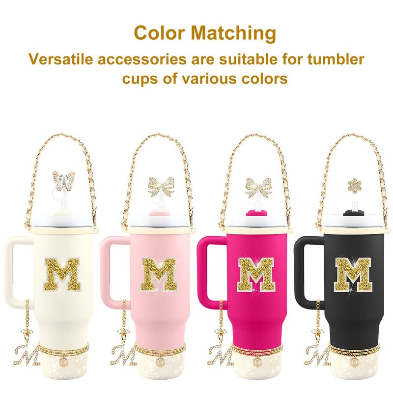 Hpebl 11PCS Gold for Stanley Cup Accessories Set 30/40 OZ Bling Rhinestones Bow Initials Charms for Stanley Decorations Tumbler Accessories Including Butterfly Straw Toppers, Tumbler Boot（Letter M）
