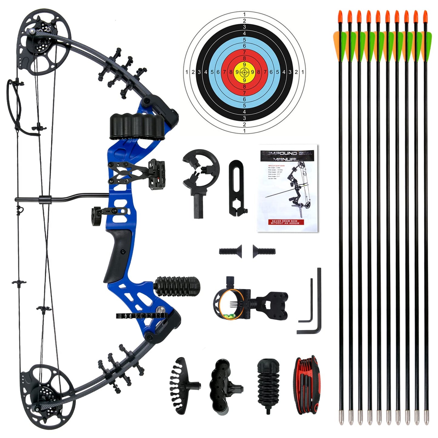 WUXLISTY Youth Compound Bow Set 15-45 Lbs for Teens and Beginner, Package with Archery Hunting Equipment, 5 Pin Sight, Max Speed 320fps, Adjustable, Right Hand, Blue