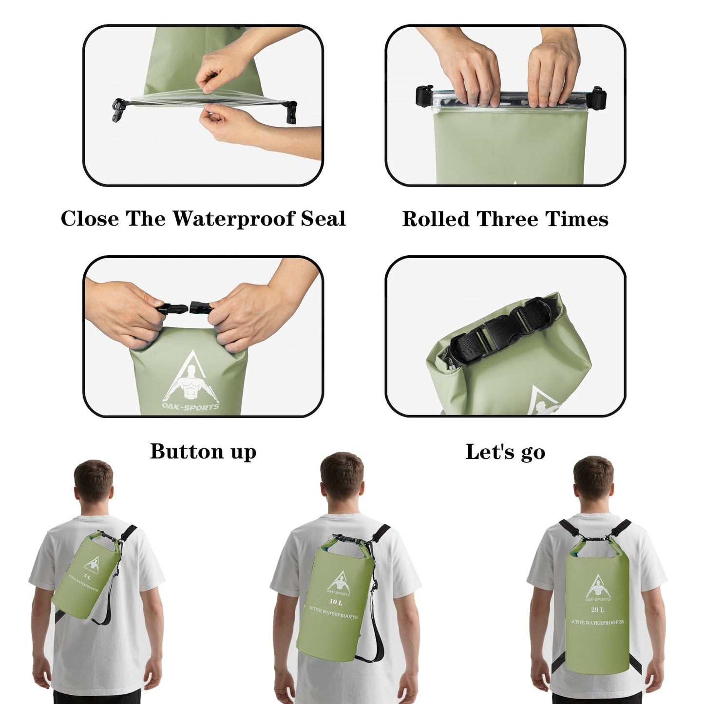 Oak-Sports Dry Bag Waterproof Backpack 5L/10L/20L, Roll Top Lightweight Beach Bag with Double Zipper Seal for Swimming, Kayaking, Hiking, Boating, Adjustable Shoulder Strap (Green, 5L)