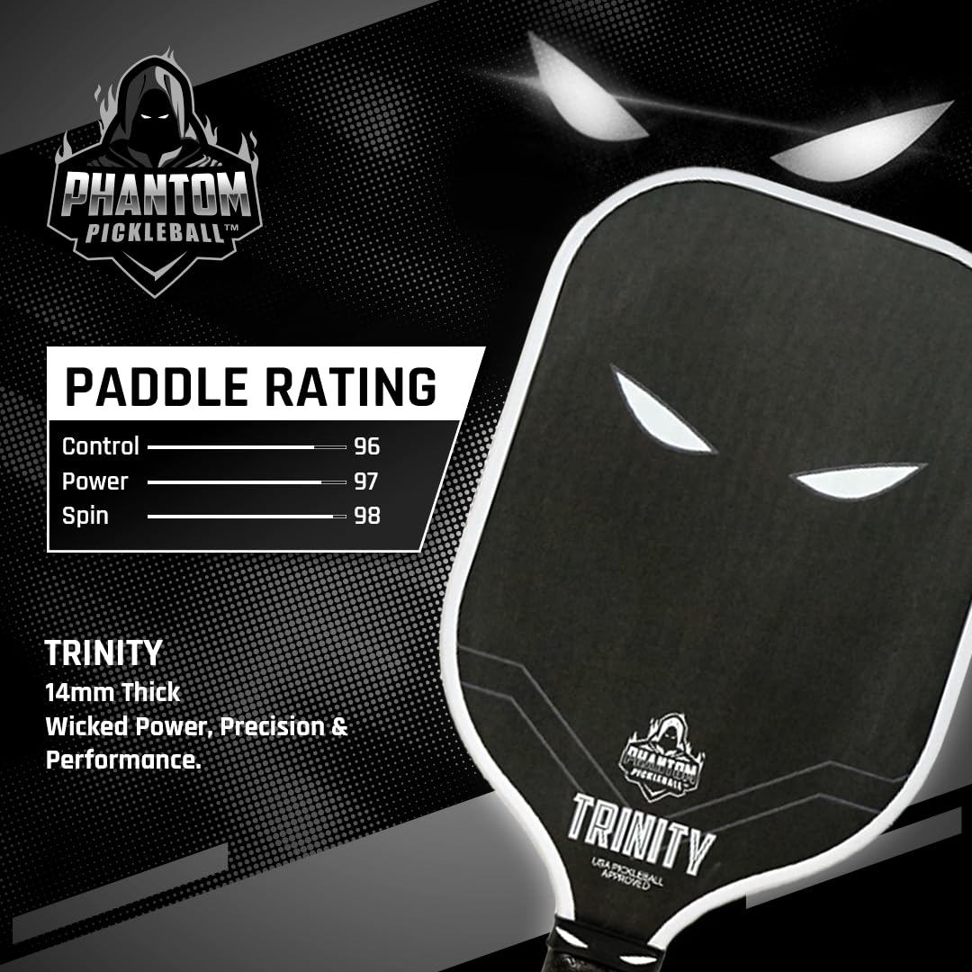 Phantom Pickleball Paddle Trinity 14mm - Carbon Fiber - USA Pickleball Approved - Max Grit and Spin Elongated Body Pickle Ball Paddle - Lightweight Pickleball Racket with C4 Polypropylene Core