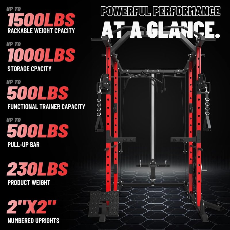 Power Cage - 1500LBS Multi-Function Workout Rack with Cable Crossover | Home Gym Equipment (Red)
