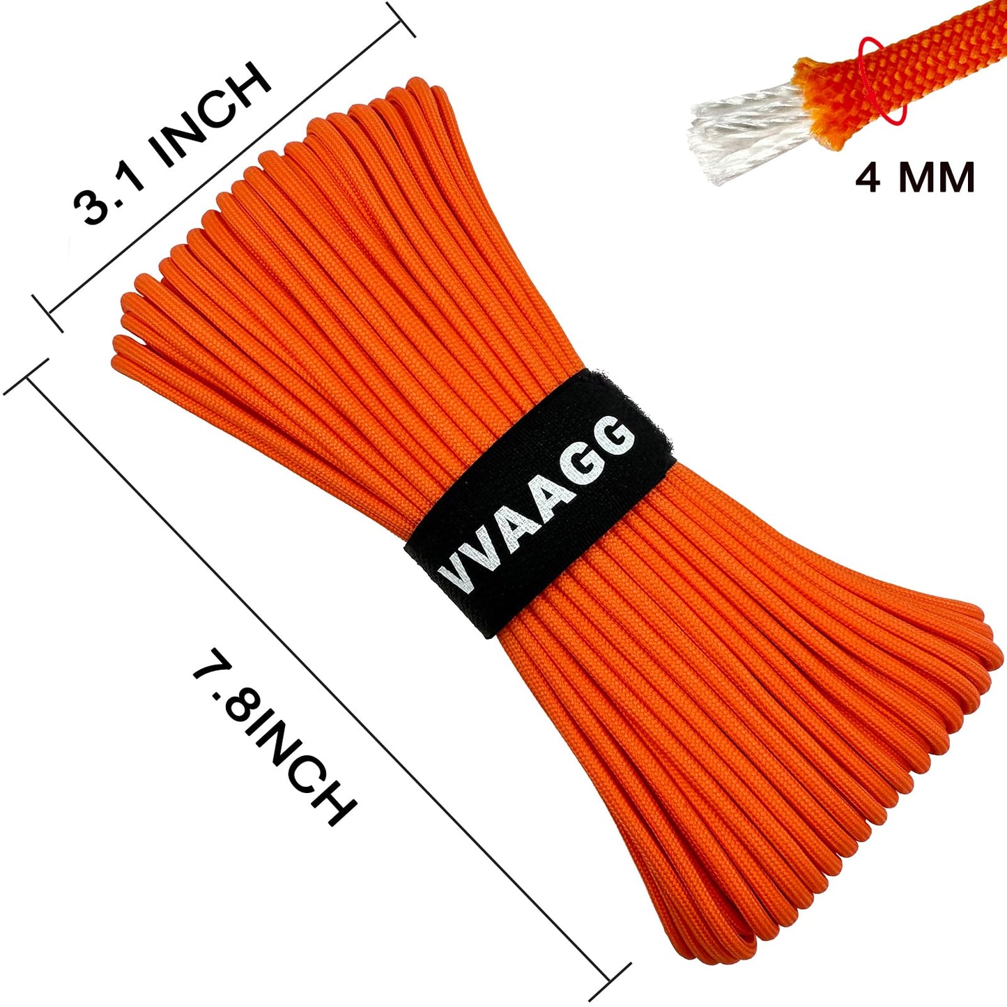 VVAAGG 550 Paracord 100FT - 4mm Lightweight and Durable Camping Rope, Tent Rope, Clothsline Rope, Marine Weatherproof Rope, Nylon Parachute Cord Rope (Orange)