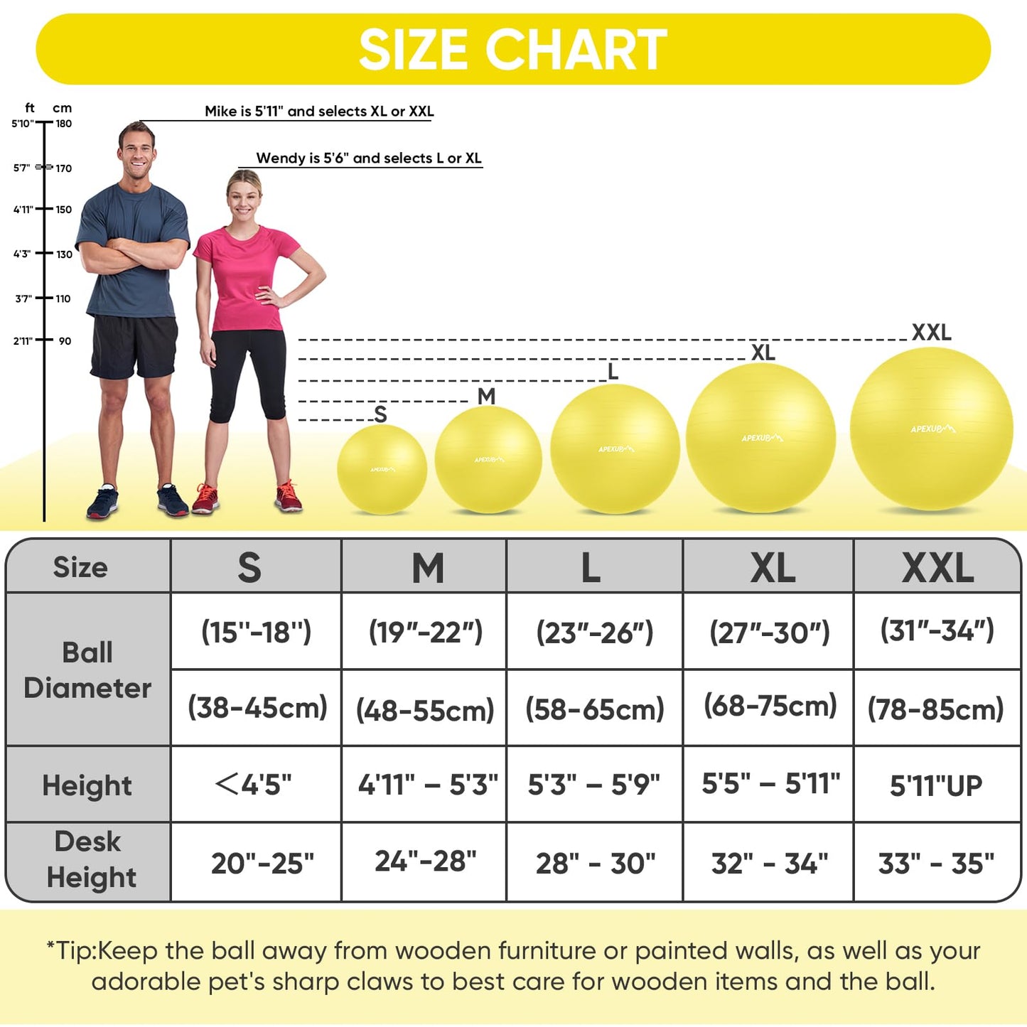 APEXUP Yoga Ball, 660 lbs Anti-Burst Exercise Ball with Pump, 5 Sizes (XXL(31"~34") 85cm, Yellow)