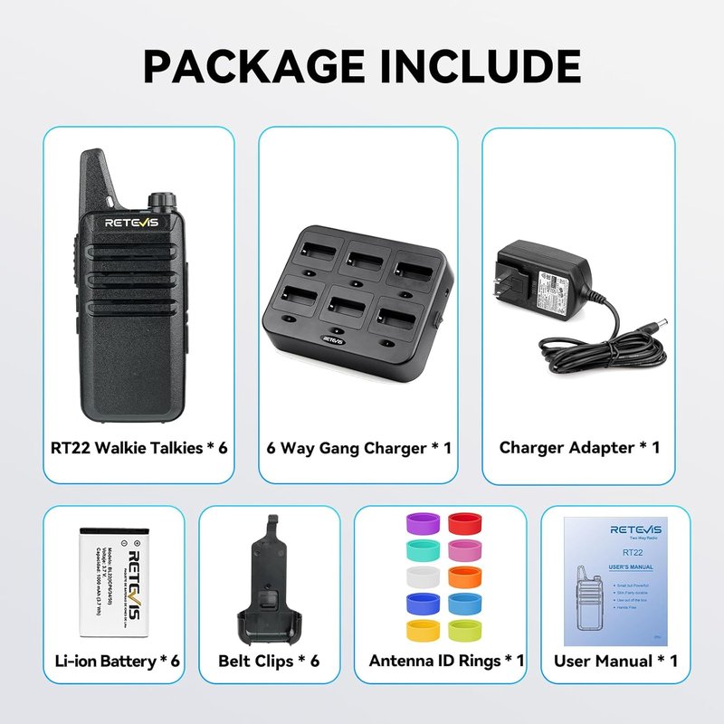 Retevis RT22 Walkie Talkies - Rechargeable 2-Way Radios with 6-Way Charger | 6 Pack