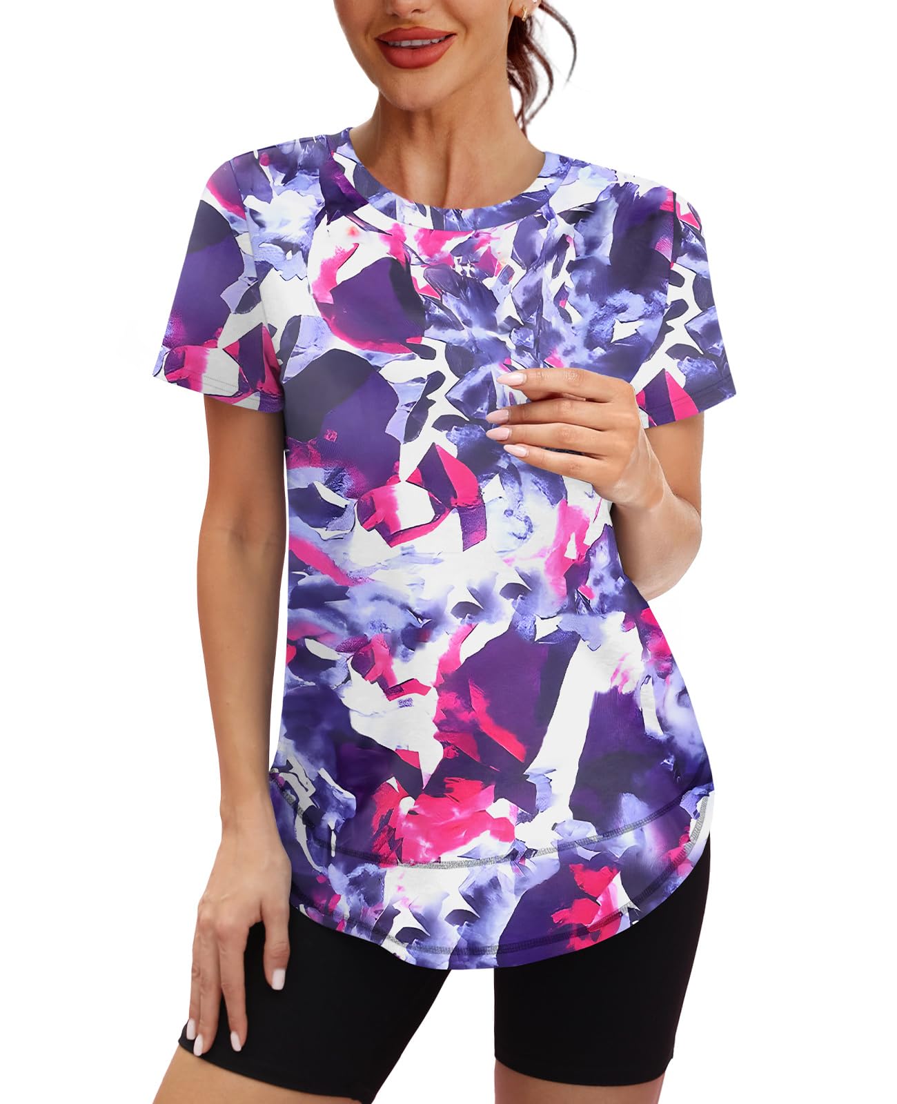 Spring Summer Tops for Women Short Sleeve Hiking Shirts Athleisure Golf Shirt Beach Fashion Curved Hem Loose Fit Blue XXL