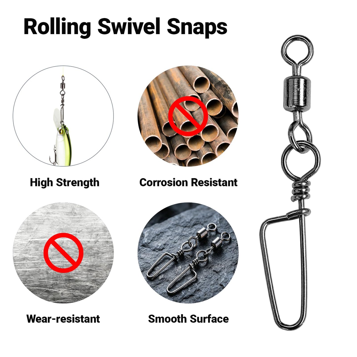 AMYSPORTS High Strength Fishing Snaps Freshwater Barrel Rolling Snap Swivels Steel Lure Connector Fishing Swivel Stainless Black Nickel, 50pcs, 27lb