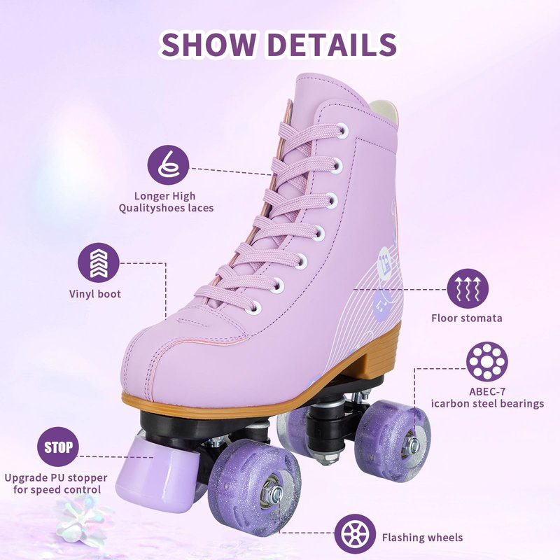 Jessie Roller Skates Women and Girl, PU Leather Light up Kids Roller Skates, Cute Adjustable Four-Wheel Beginner Wome Roller Skates Girls Ages 8-12 Outdoor (Women's 8.5,Purple Printing)
