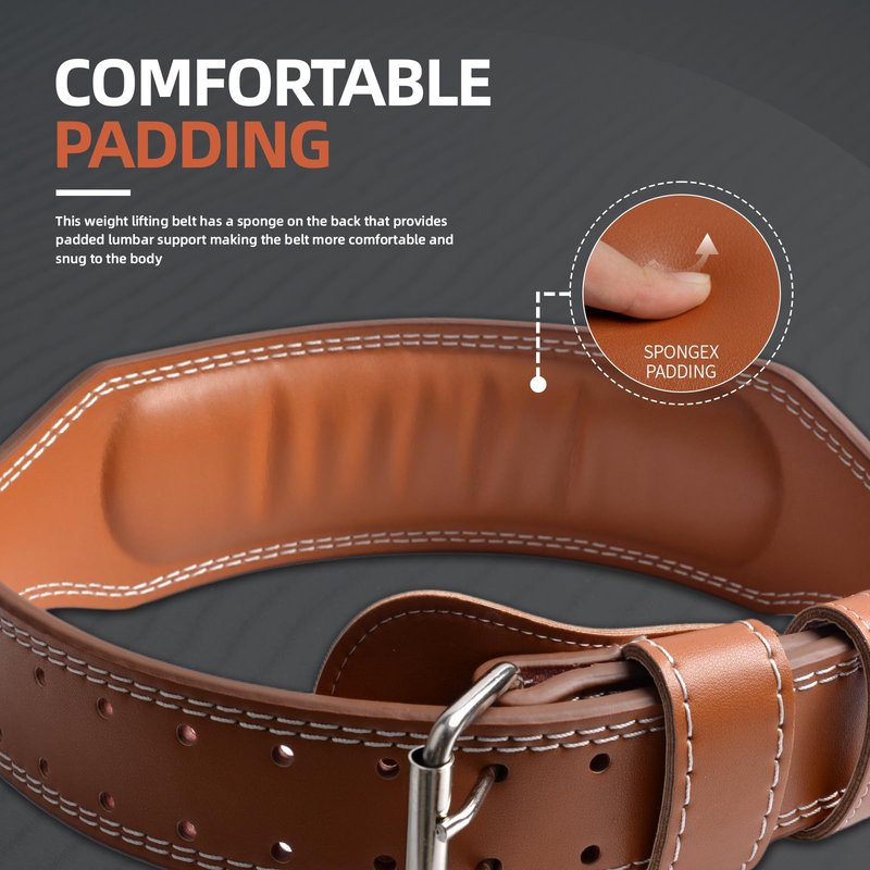 Genuine Leather Weight Lifting Belt, 4”& 6” Padded Lumbar Back Support, 10 Adjustable Holes, Gym Weight Belt Ideal for Deadlift, Powerlifting, Bodybuilding and Squat (4-Inch Brown, L (33"-37"))