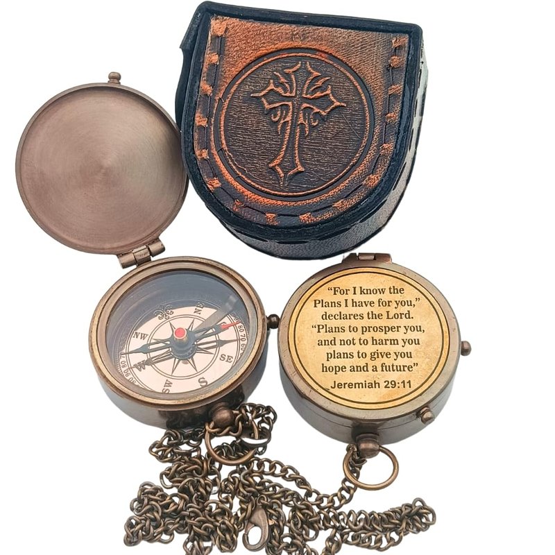 DAYOL'X Jeremiah 29:11Religious Gifts for Men, Baptism Gift for Teenage Boys, Christian, Catholic, Communion, Confirmation, First Communion Gifts for Boys, Compass, Brass & Brown Antique