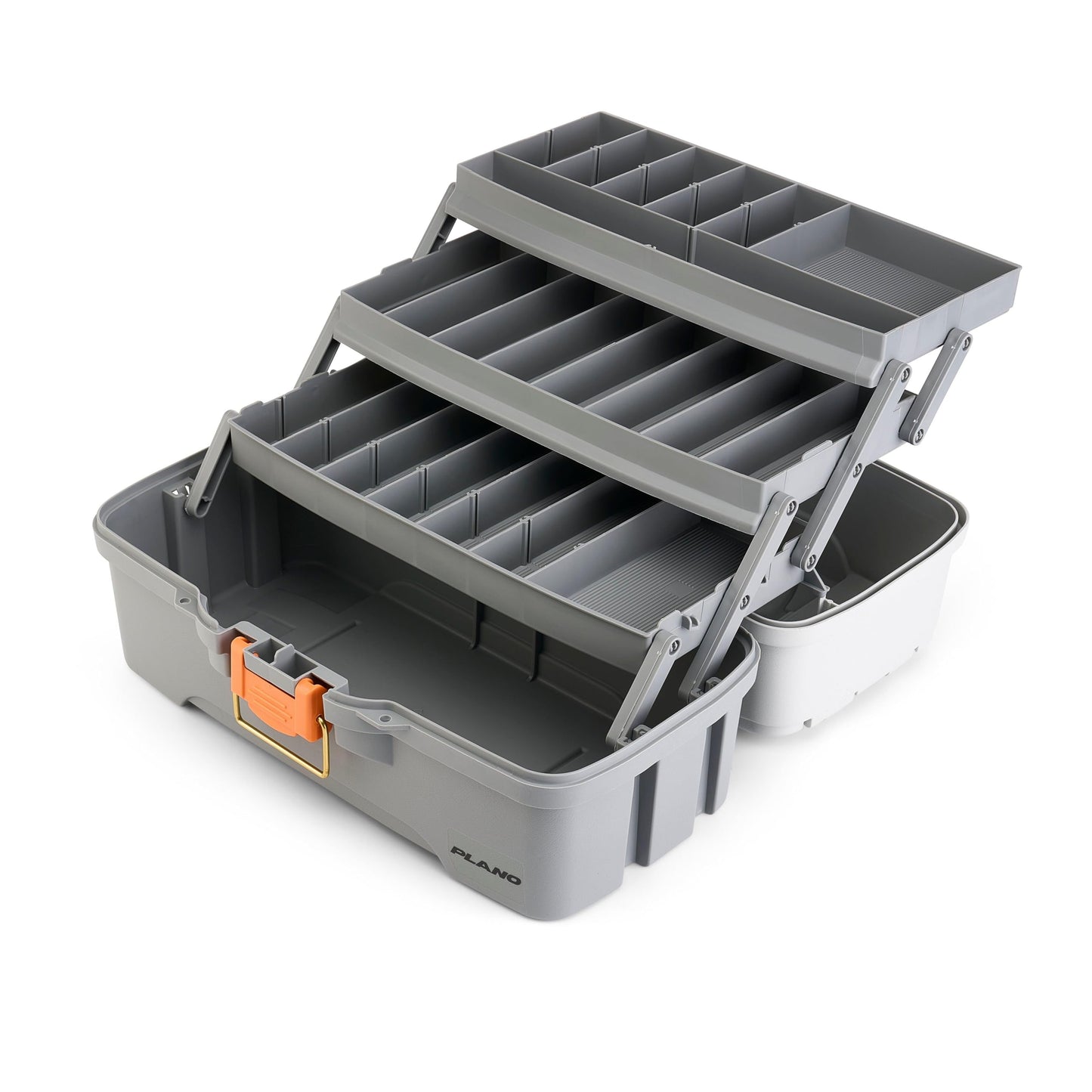 Plano Three-Tray Tackle Box, Light Grey/Dark Grey, Rust-Proof Brass Latch, Top-Access Tray with Deep Storage, Made in the USA, Portable Fishing Gear Storage Organizer