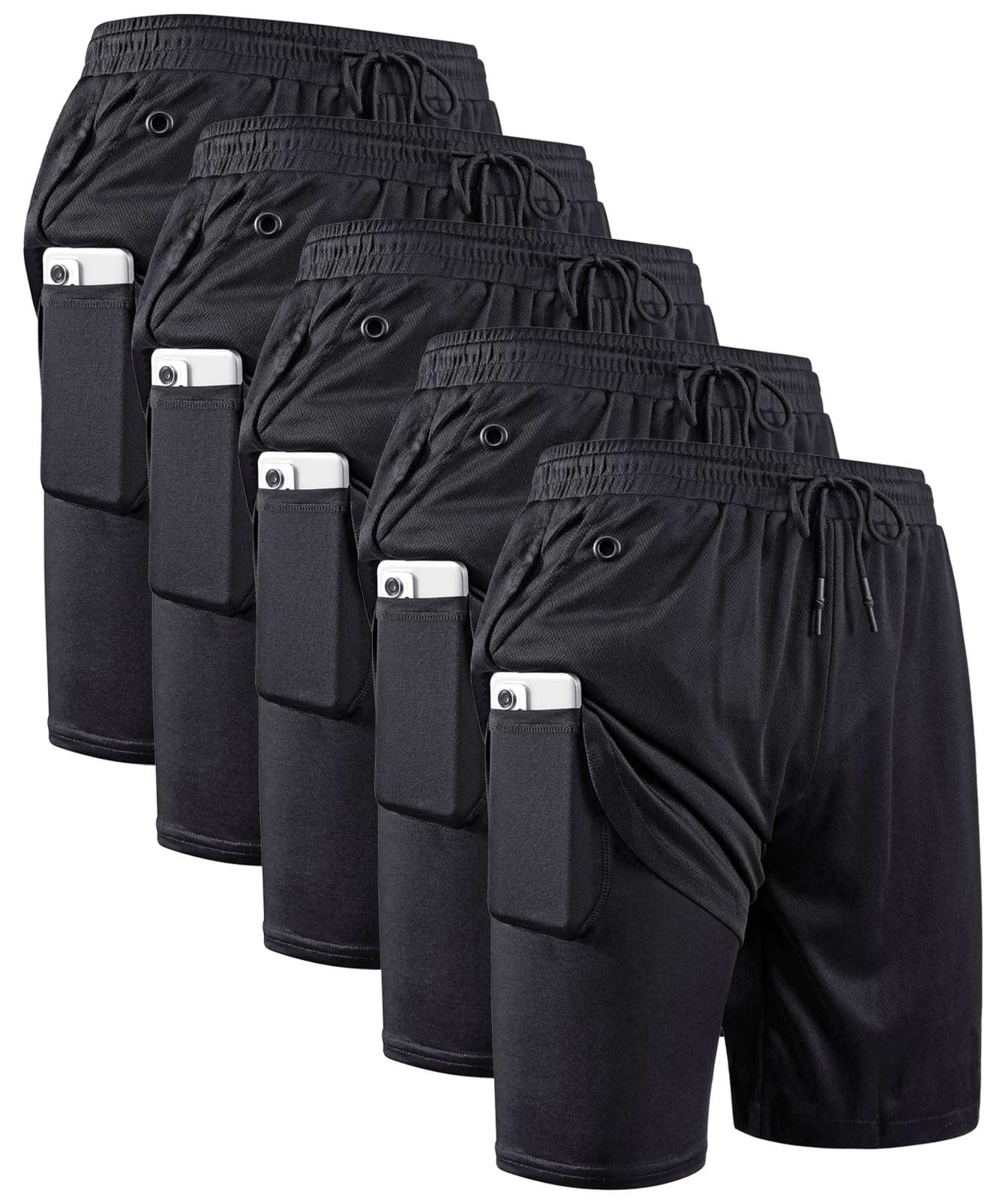 JWJ 5 Pack Men's 2 in 1 Workout Running Shorts 7 Inch Lightweight Athletic Gym Shorts with Compression Liner Black L