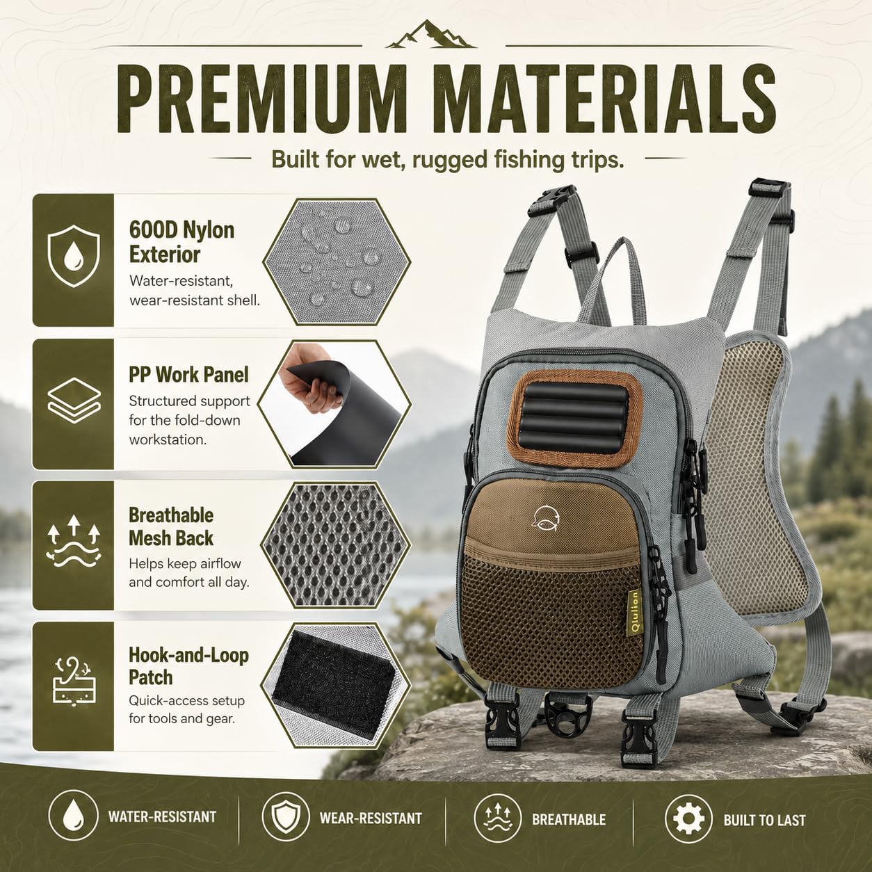 Qiullen Fly Fishing Chest Pack,Waterproof Tackle Bag with Zip-Down Workstation,Fly Box Storage,Net Holder,Adjustable Straps for Wading and Stream Fishing