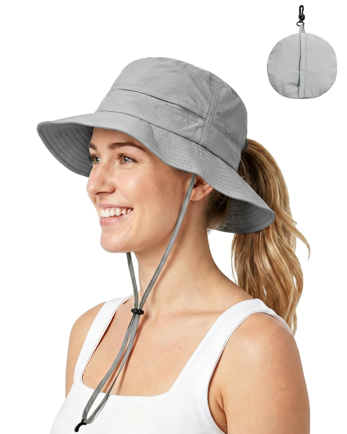 Womens Ponytail Sun Hat Packable UPF50+ Waterproof Bucket Hat Hiking Fishing Safari Hat Foldable Beach Hat