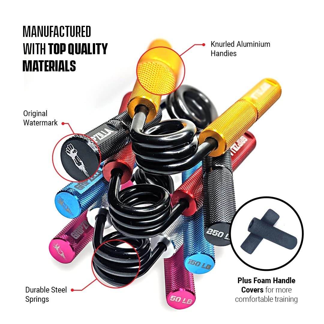 GRIPZILLA Grip Strength Trainer 50-300lb, 6Pack, Pink+Silver+Blue+Red+Yellow+Black