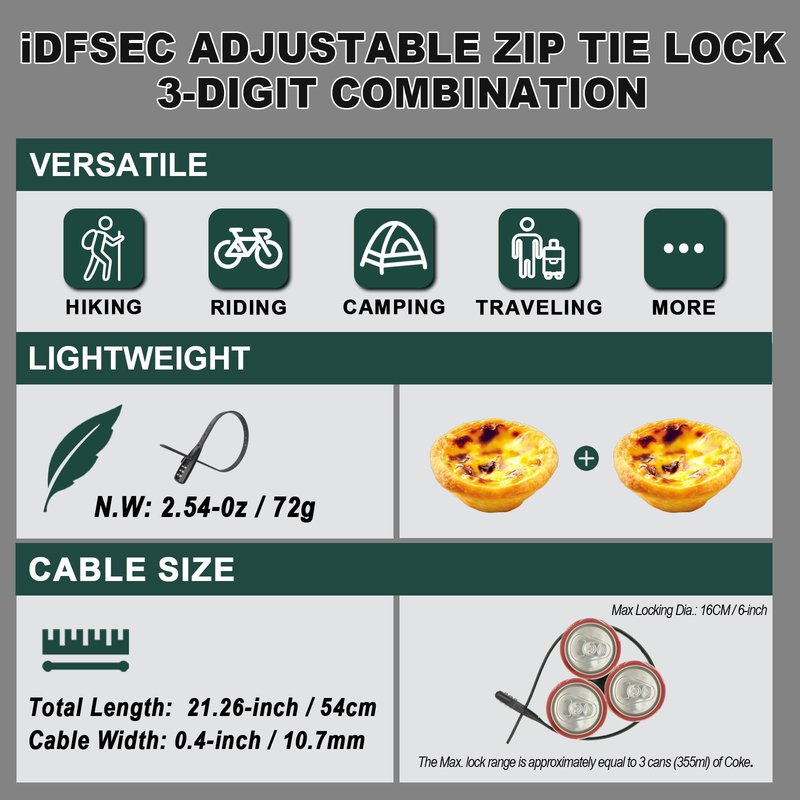 iDFSEC Zip Tie Bike Lock, Adjustable Cable Lock with Stainless Steel Core - Multi-Purpose Cable Lock for Securing Bike Rack, Helmets, Skis, Snowboards, Gates (2/Pack, Black)