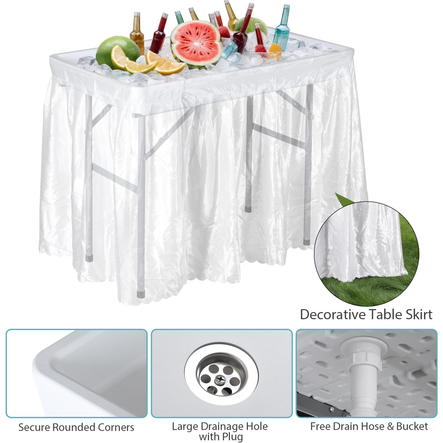 HomGarden Ice Cooler Folding Table with Removable Matching Skirt & Drain Hose, Ice Table for Food Beverage Cooling Indoor Outdoor Wedding Party Camping BBQ