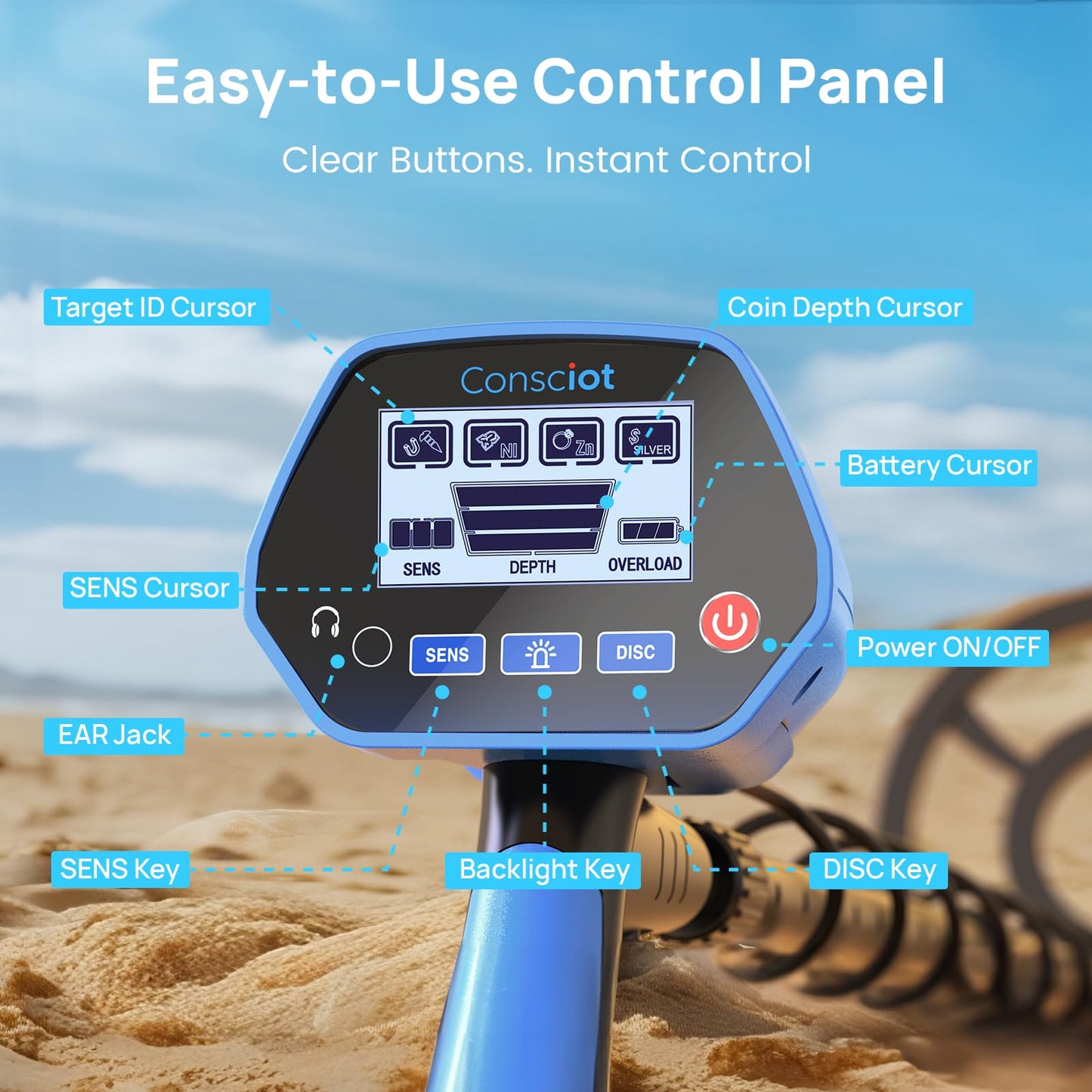 Metal Detector for Adults & Kids, Consciot Metal Detector Kit Waterproof IP68, Outdoor Gold Detector with 8'' Search Coil, LCD Display, Metal & Disc Mode, Beach & Backyard Use, Gift for Boys & Girls