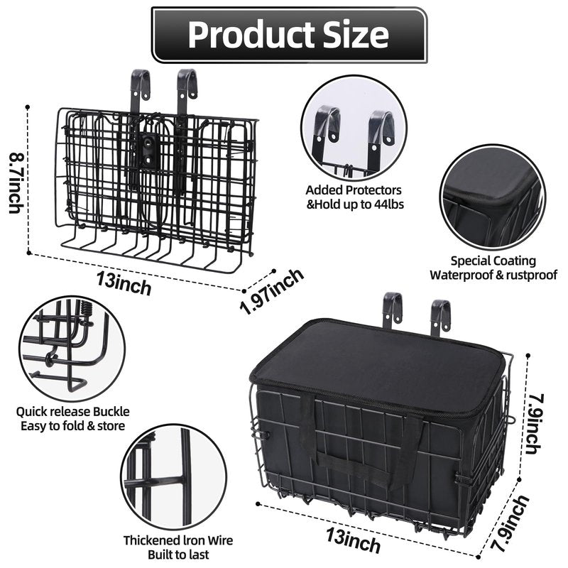 Bike Basket, Foldable Bicycle Basket with Removable Liner Bag, Large Quick Release Design Meta Bike Basket Front for Carrying Dogs, Pets, Fruit, Groceries, Ebike Bicycle Accessories