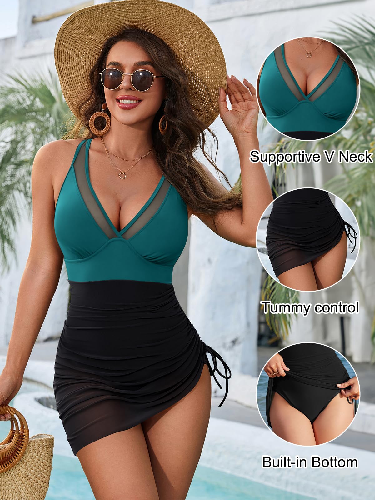 Blooming Jelly Women One Piece Swimsuits Tummy Control Swim Dress Slimming Modest Drawstring Bathing Suit Skirt V Neck Swim Suits 2025 (XL, Blue Green/Black)