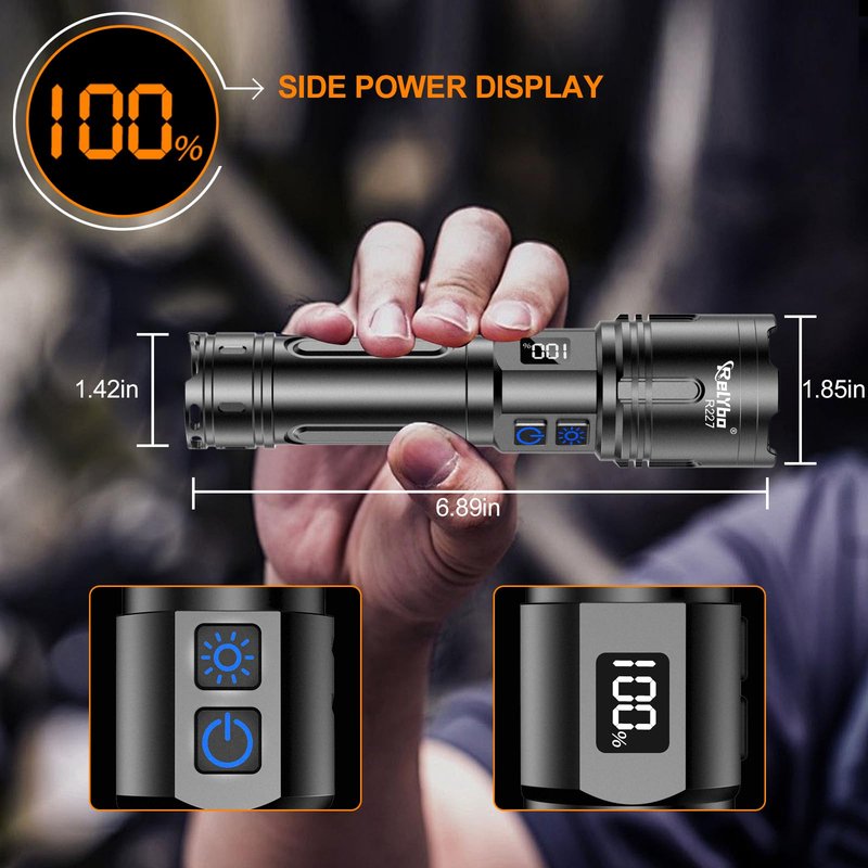 Relybo Rechargeable Flashlights High Lumens, LED Flashlight 100000 Lumens, Super Bright High Powered Flashlights, Long Rang 5000 FT, 2 Switch, Powerful Flashlights for Home Emergency Camping