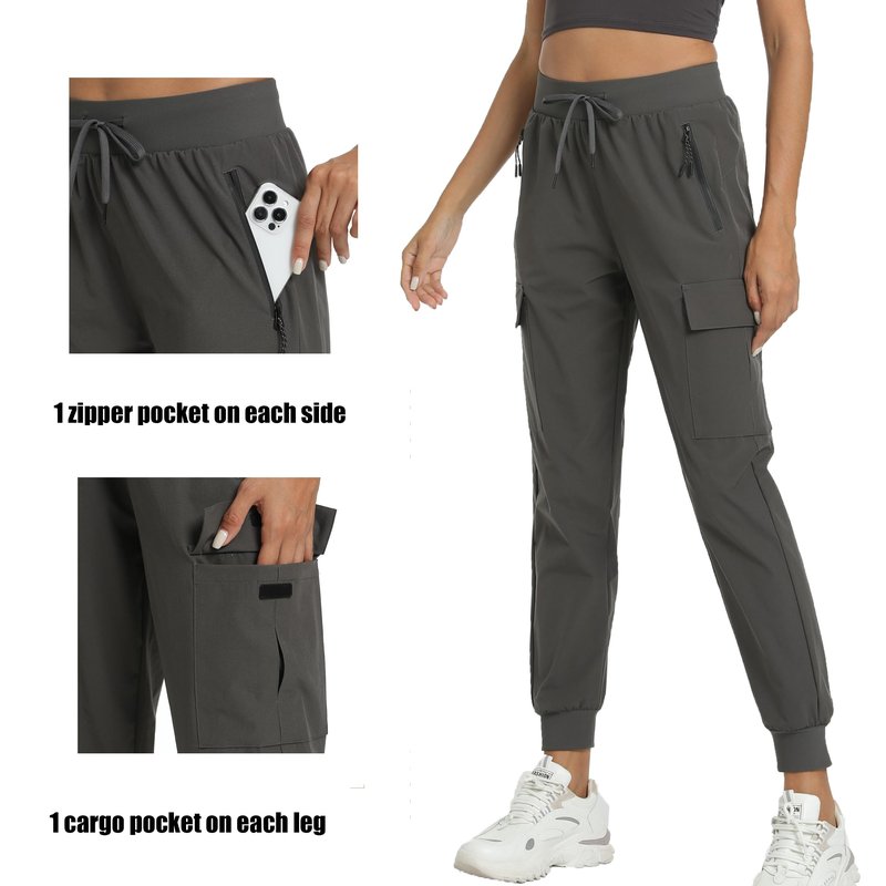 Women's Joggers with Pockets Lightweight - Water Resistant Quick Dry Cargo Athletic Pants for Hiking Running Camping Travel (Grey, X-Large)