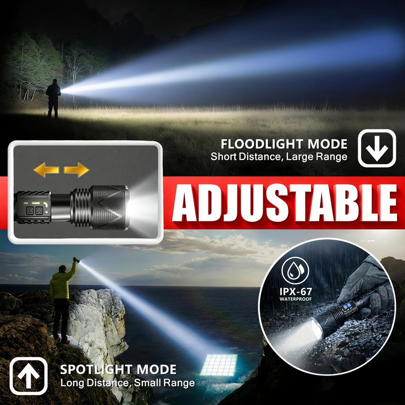 AKISONG X928 70W XHP360 LED Rechargeable Tactical Flashlight 10,000 High Lumen, 2,000ft Long Range Beam Zoomable Waterproof Flashlight with Safety Hammer & USB Output for Camping Hunting Patrol Search
