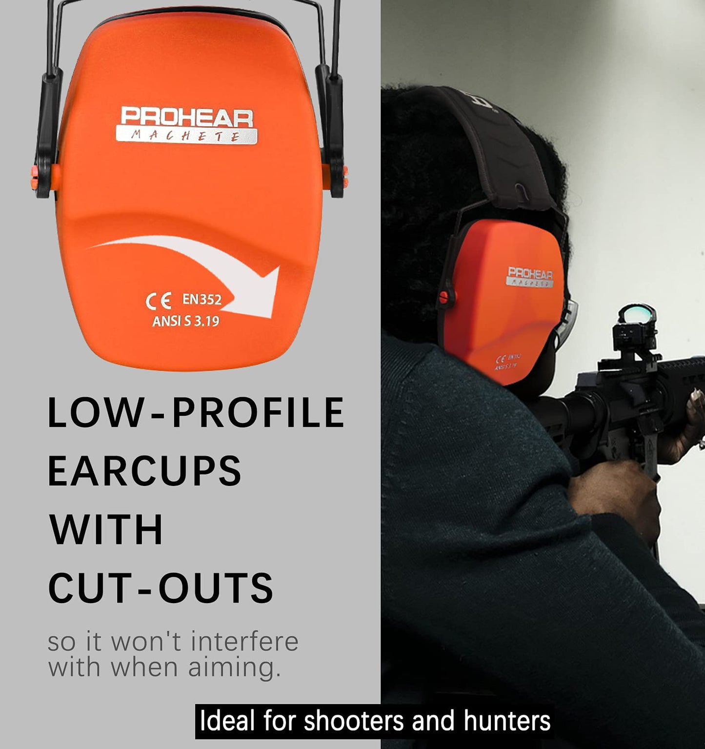 PROHEAR 016 Ear Protection Safety Earmuffs for Shooting, NRR 26dB Hearing Protector with Low-Profile Earcups, Compact Foldable Ear Defenders for Gun Range, Hunting (Orange)