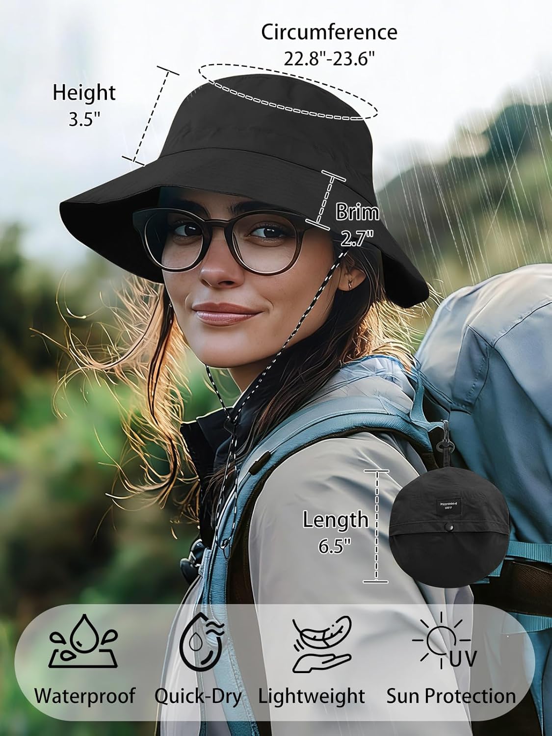 Packable Bucket Hat - Splash-Proof Lightweight Fishing & Hiking Hat | Adjustable Chin Strap